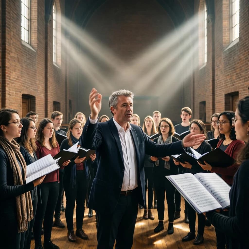 A choir rehearses in a brick hall as somewhat dramatic morning light falls through high windows, with a patient conductor mid-gesture, open scores, intent faces, slight motion blur.