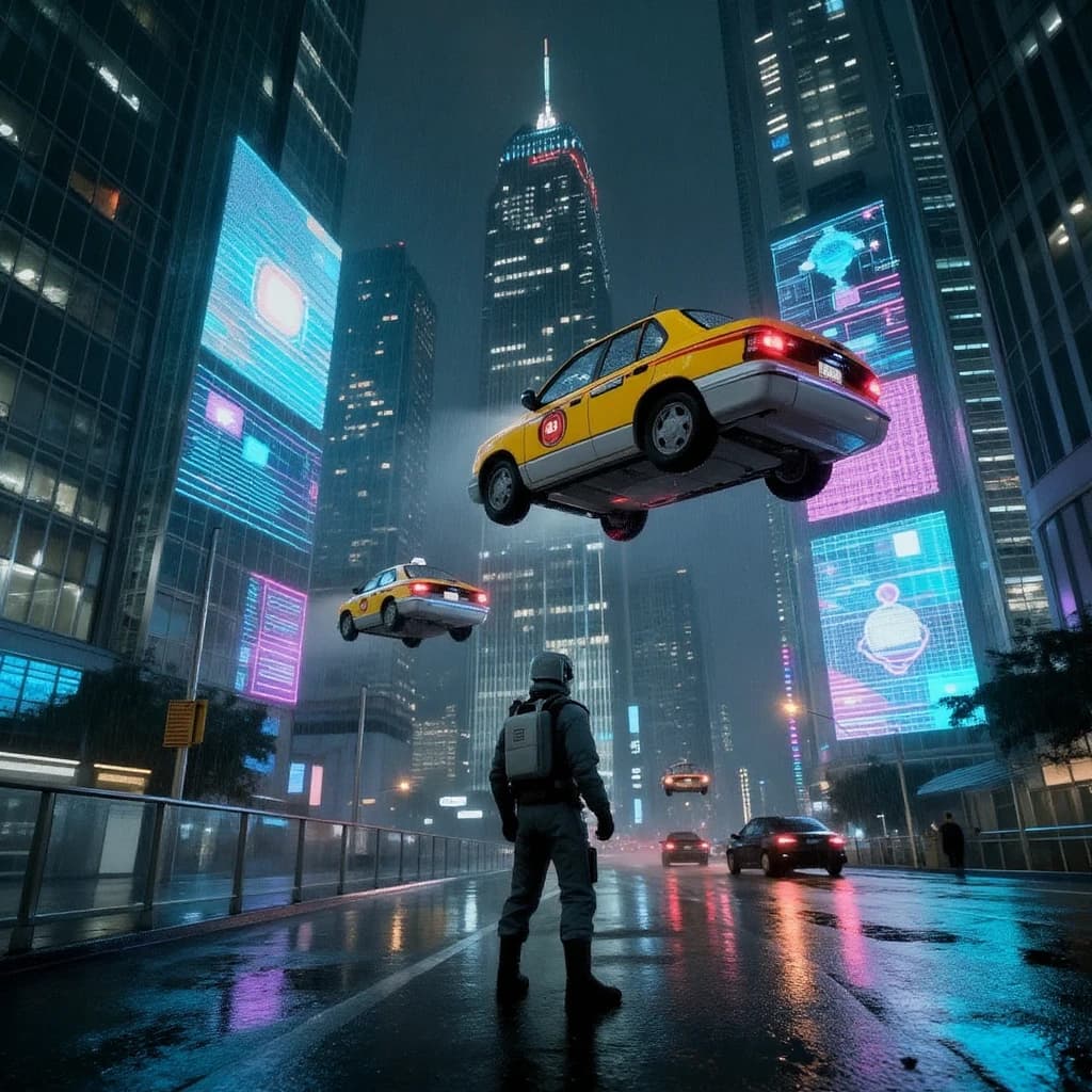 Rain-soaked neon megacity at night, flying taxis weave between glass towers, giant holograms flicker; a lone courier in a matte exosuit, somewhat cinematic wide angle.