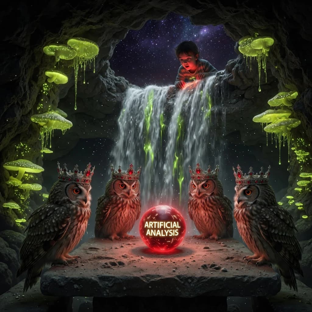 In a cavern lined with bioluminescent fungi glowing lime green, the council of owls wear jeweled crowns that glimmer with rubies, their wings folded behind their backs. Dust coats the stone table, a glowing orb inscribed with “Artificial Analysis” hovers above the table illuminating the owls with its red pulsating light. Behind them, a waterfall falls upward into a ceiling that opens onto stars - a child looks down in wonder from above at what he has stumbled across.