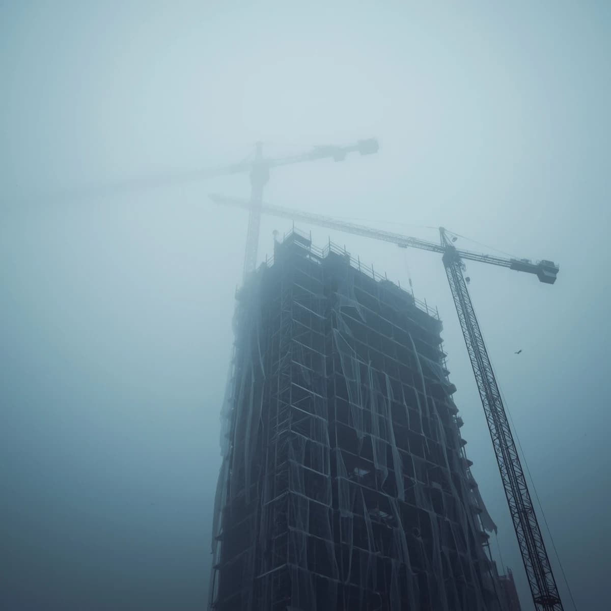 A construction site stretched upward into fog, cranes frozen in silhouette. Wind rattled scaffolding draped with torn mesh that glowed faintly from nearby billboards