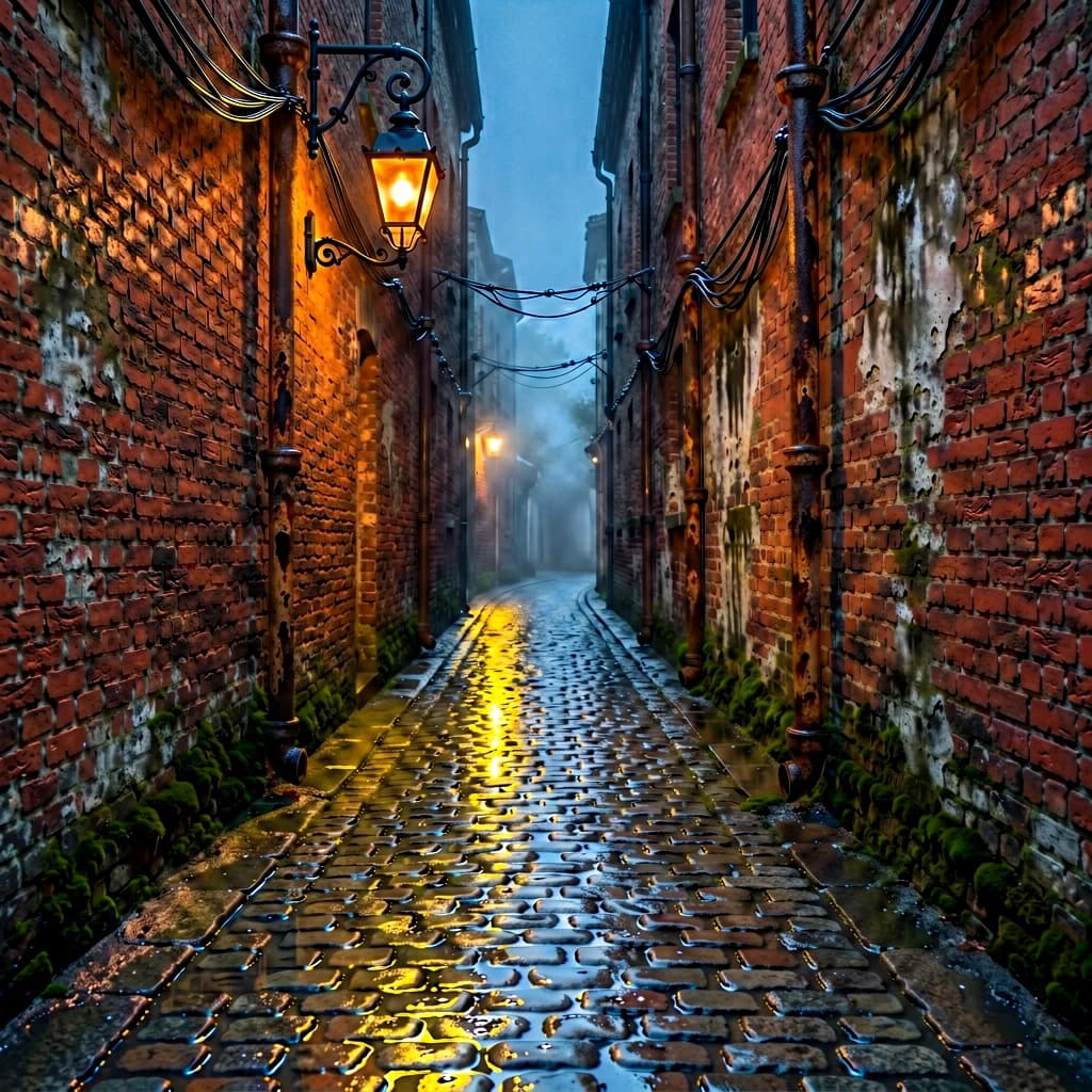 Show a narrow brick alley with wet cobblestones.
