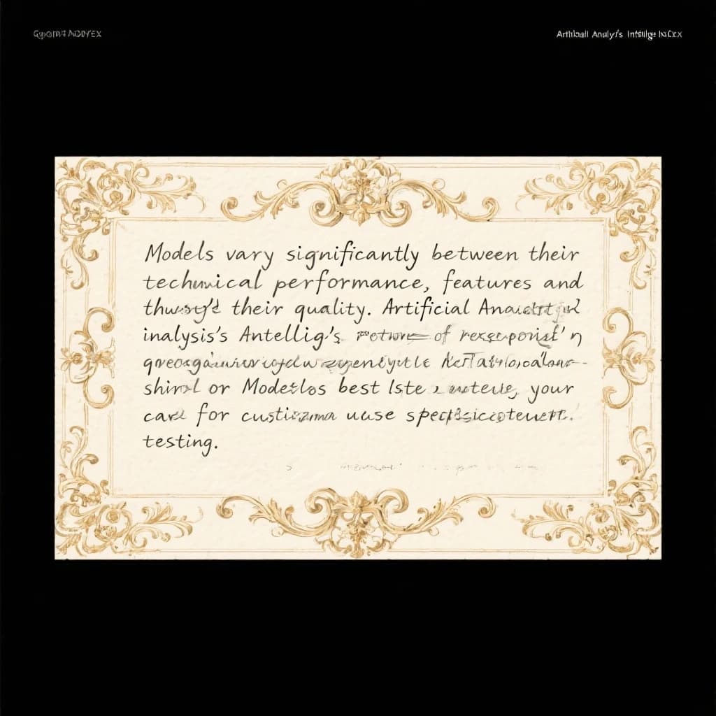 On a flat layout, write in an ornate baroque style "Models vary significantly between their technical performance, features and their quality. Artificial Analysis's intelligence index represents a generalist perspective and is useful as an indicator of the quality of responses. It is generally advisable to develop a short-list of models which best suit your use-case for customized use-case specific testing. "