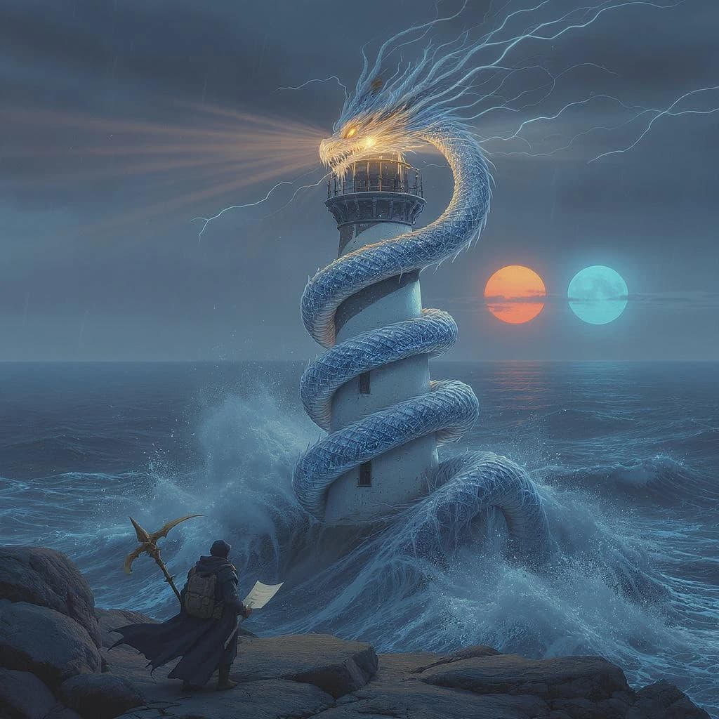 A dragon of molten silver coils around a lighthouse. The storming sea below crashes upward in frozen stillness, as though caught mid-motion. The dragon’s molten eyes drip tears of ice. On the horizon, two suns set next to each other, casting orange light on one side of the tower and blue on the other. A cloaked traveler carries an ancient weapon in his left hand and a scroll in his right.