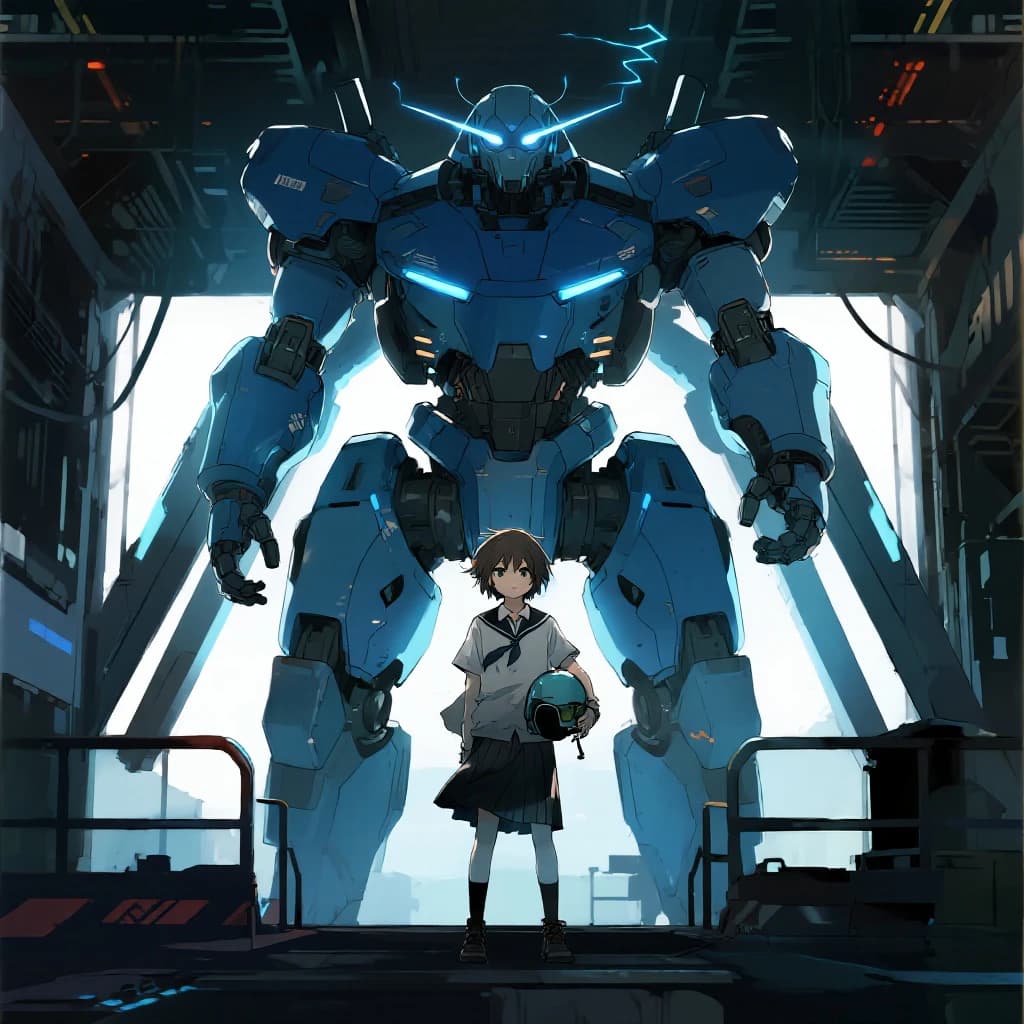 A teenage pilot grips his helmet under one arm, standing at the edge of a glowing hangar bay. Before him looms a sleek, steel-blue mech, its eyes lit with a cold electric glare. His school uniform is rumpled, a sharp contrast to the machine’s flawless plating. The vast scale engulfs him in shadow, emphasizing both awe and dread. Hand-drawn anime style.