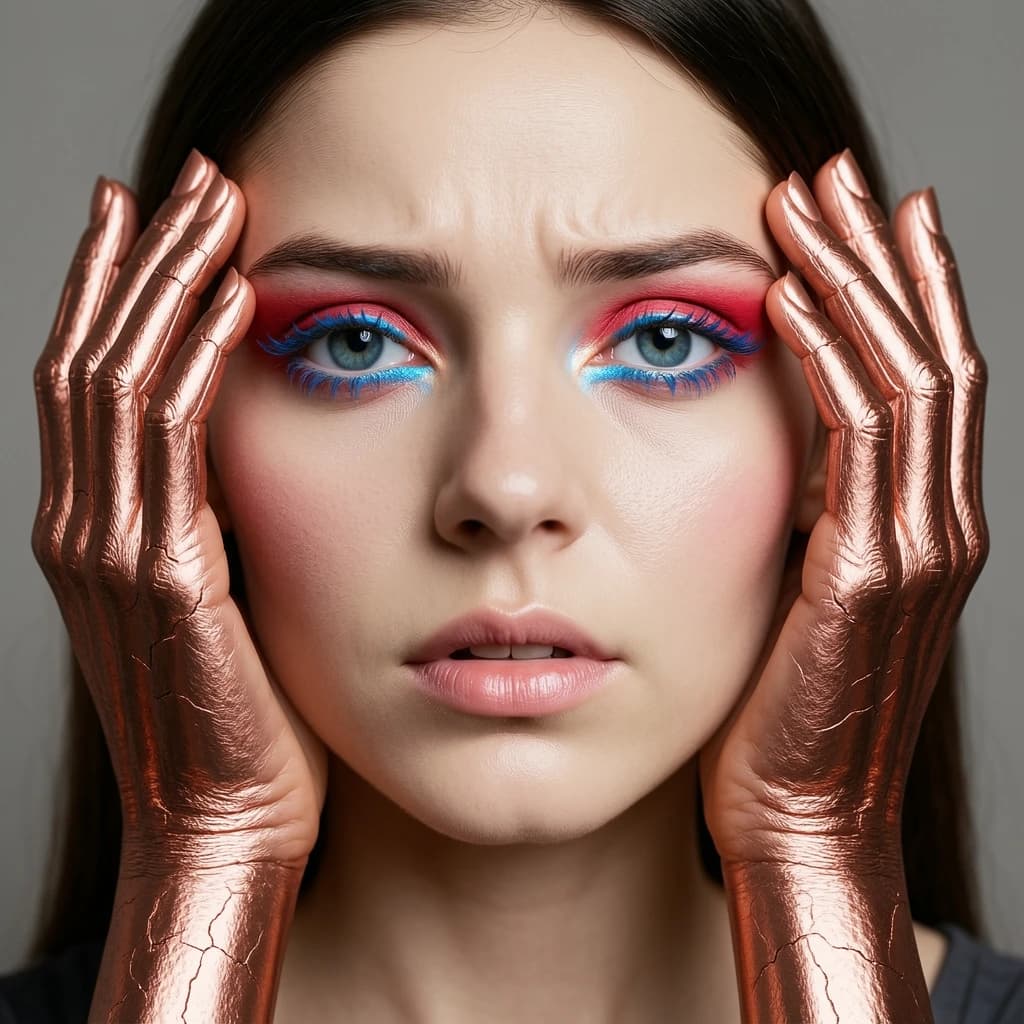 A striking close-up portrait of a woman with cracked metallic copper-painted hands framing her face. Her vivid blue and red eye makeup contrasts sharply with the smooth, pale skin and muted background, creating a bold, surreal composition. She displays an air of uncertainty about her