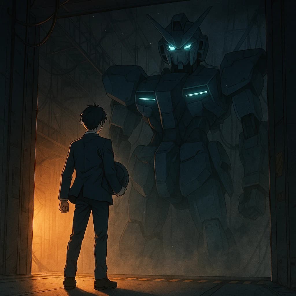 A teenage pilot grips his helmet under one arm, standing at the edge of a glowing hangar bay. Before him looms a sleek, steel-blue mech, its eyes lit with a cold electric glare. His school uniform is rumpled, a sharp contrast to the machine’s flawless plating. The vast scale engulfs him in shadow, emphasizing both awe and dread. Hand-drawn anime style.