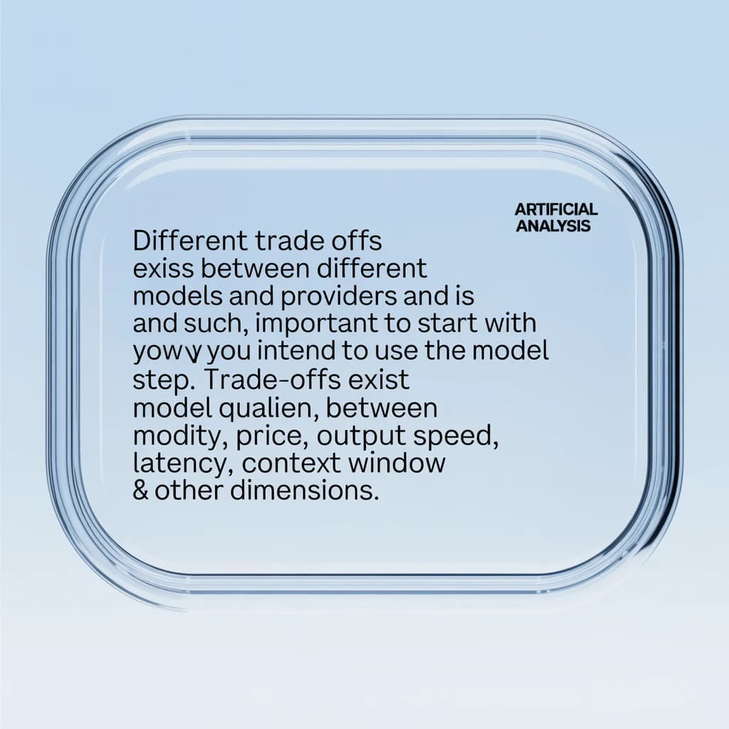 In a clear transparent blue glassy rounded box, etch "Different trade offs exist between different models and providers and as such, it is important to start with how you intend to use the model as the first step. Trade-offs exist currently between model quality, price, output speed, latency, context window & other dimensions. " in sans serif medium weight text. Artificial Analysis is watermarked over the top right 