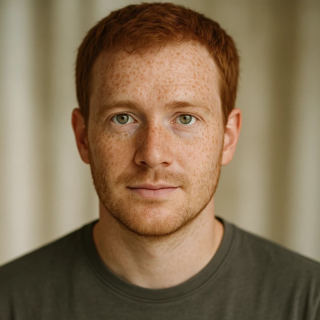 Shoot a natural light headshot of a red-haired man with freckles, green eyes.