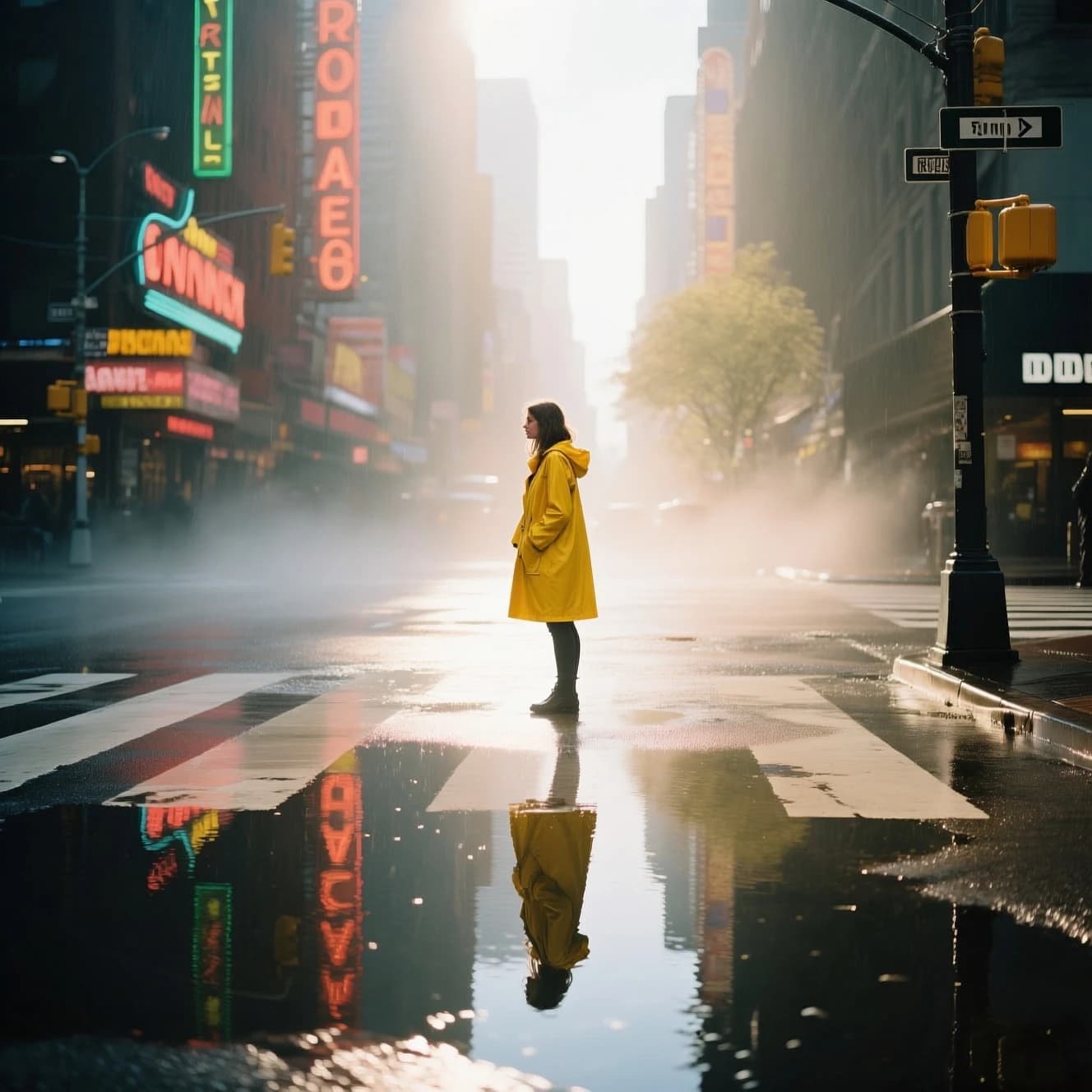 A sunlit city street after rain; puddles mirror neon signs as a woman in a yellow raincoat waits at a crosswalk, soft mist, 50mm look, natural tones, a bit of film grain.