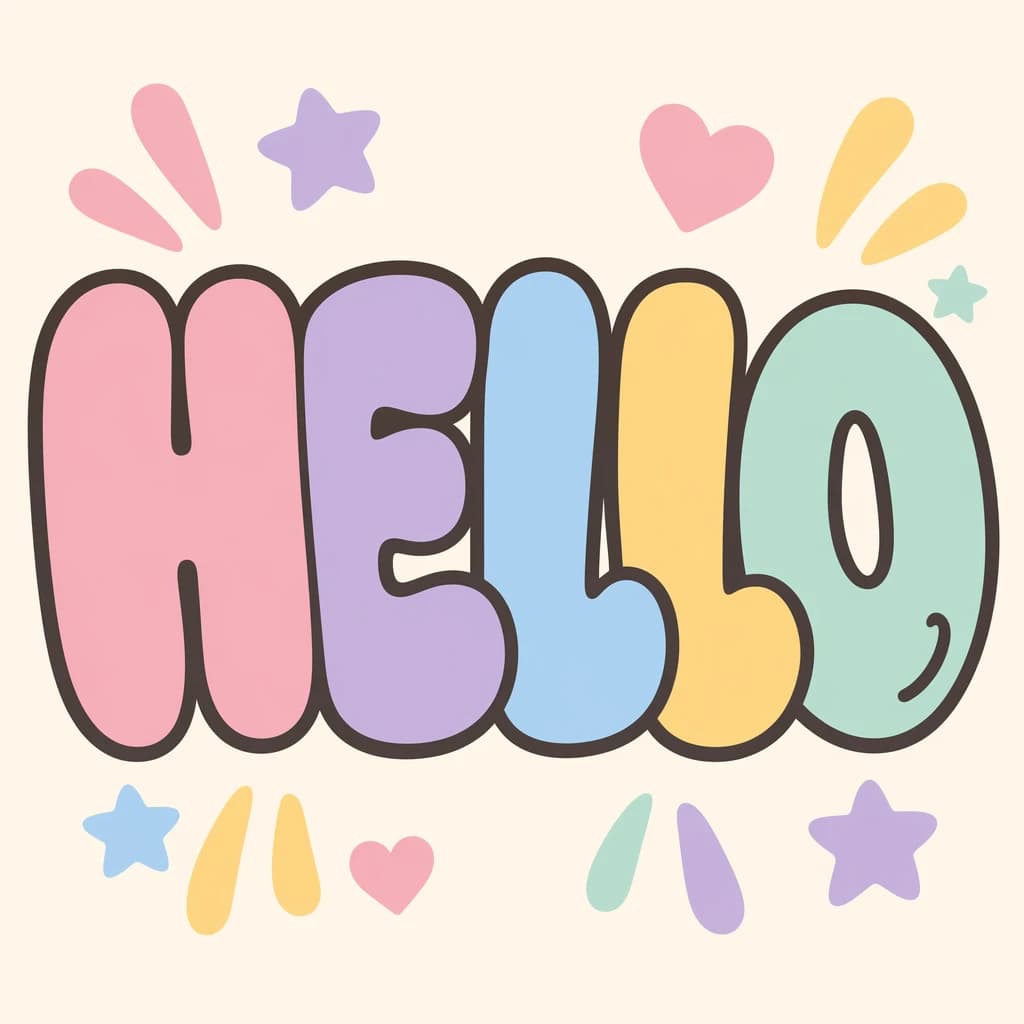 Make a bold bubble-letter poster that says HELLO, pastel palette, thick outline.