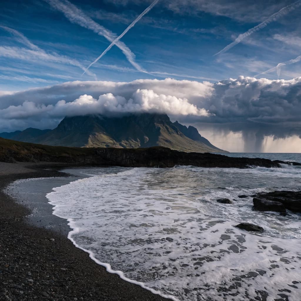 A stunning mountain vista pokes through the cloud top. Contrails from a distant airplane linger in the air. In the foreground there is a stony beach with foamy seas. A thunder storm is visibile in the distant right.