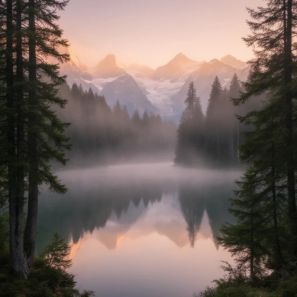 I want a photo of a misty alpine lake at dawn, pines, glassy water, warm light.