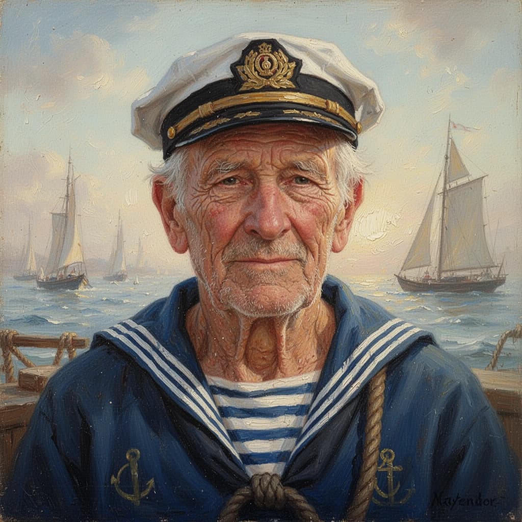 Oil on canvas portrait of an elderly sailor, weathered face, soft light.
