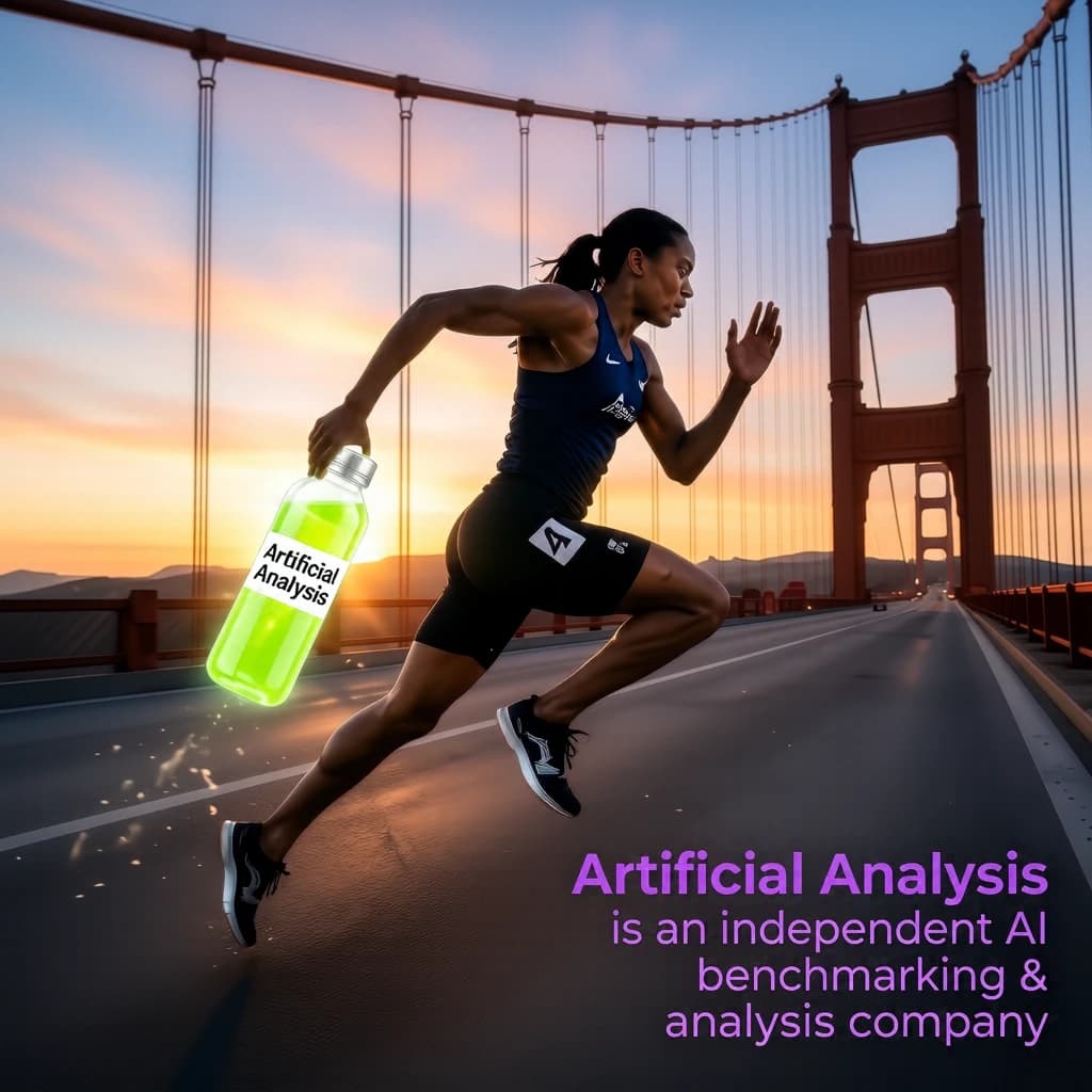 A runner dashes across the Golden Gate Bridge at dawn, sunlight streaming between cables. In their hand, they carry a neon-green sports drink with the brand name Artificial Analysis splashed boldly across the bottle. Motion blur emphasizes speed, while crisp purple sans serif typography overlays the bottom right of the scene with the tagline: Artificial Analysis is an independent AI benchmarking & analysis company