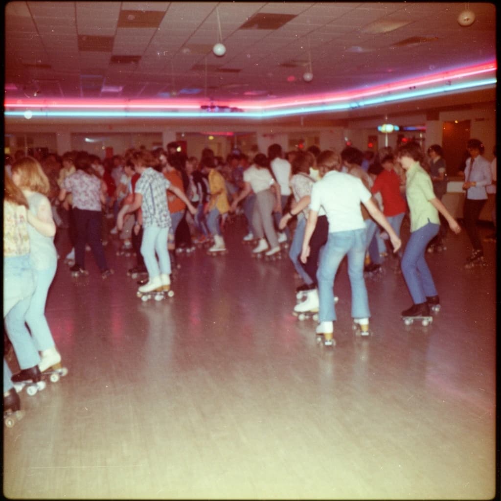 A 1970s roller rink crowd skates under neon, with a bit of fade and film grain.