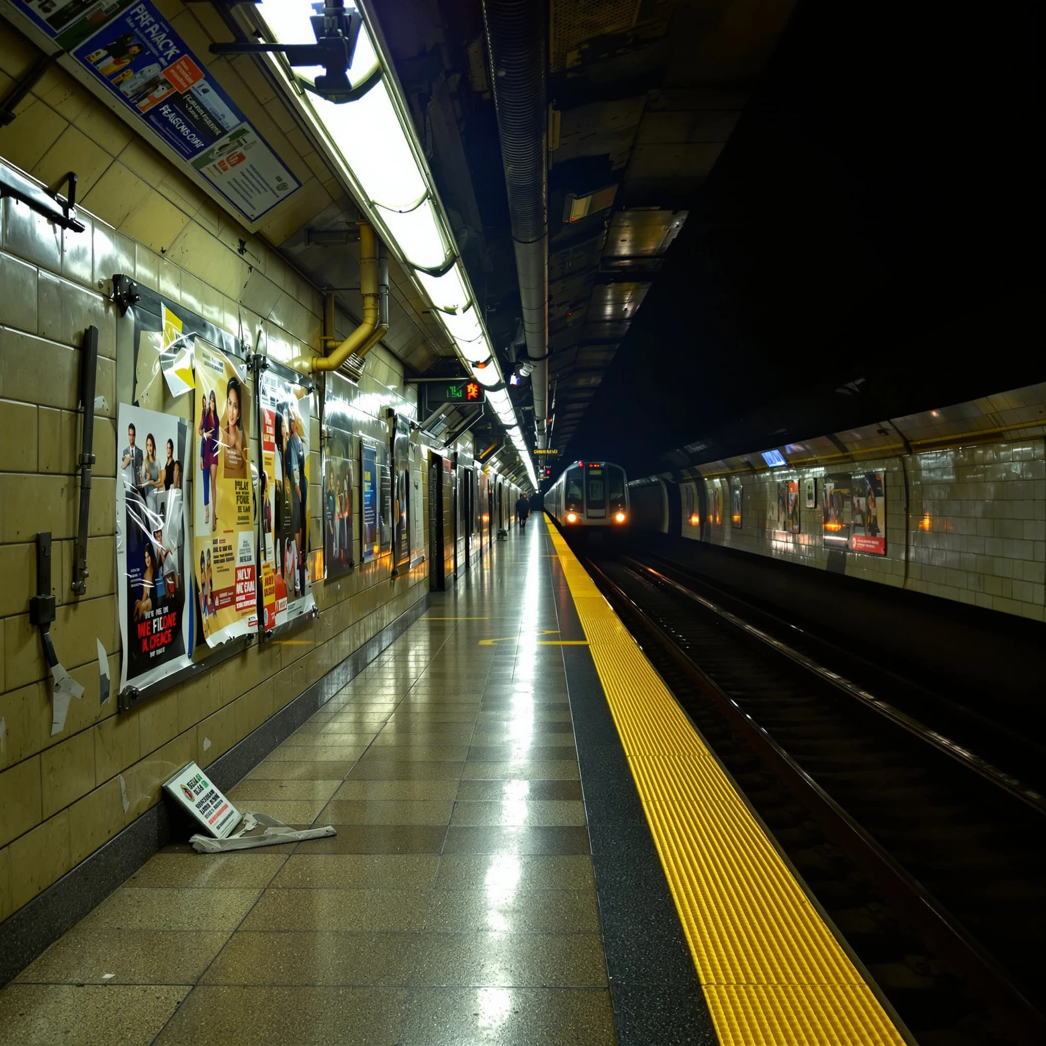 A subterranean subway platform with glossy tiles, peeling posters, flickering fluorescent lights, yellow safety line, and a distant train coming; slightly damp, echoes carry.