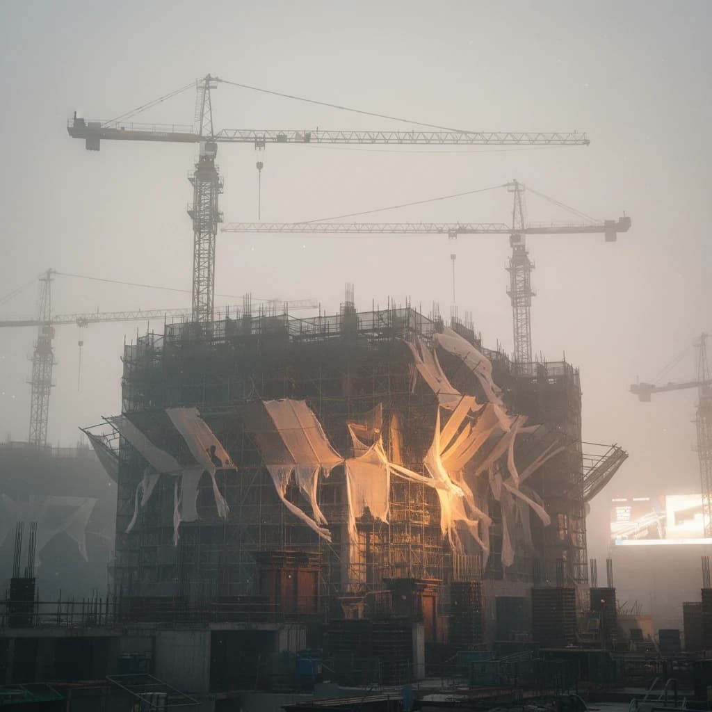 A construction site stretched upward into fog, cranes frozen in silhouette. Wind rattled scaffolding draped with torn mesh that glowed faintly from nearby billboards
