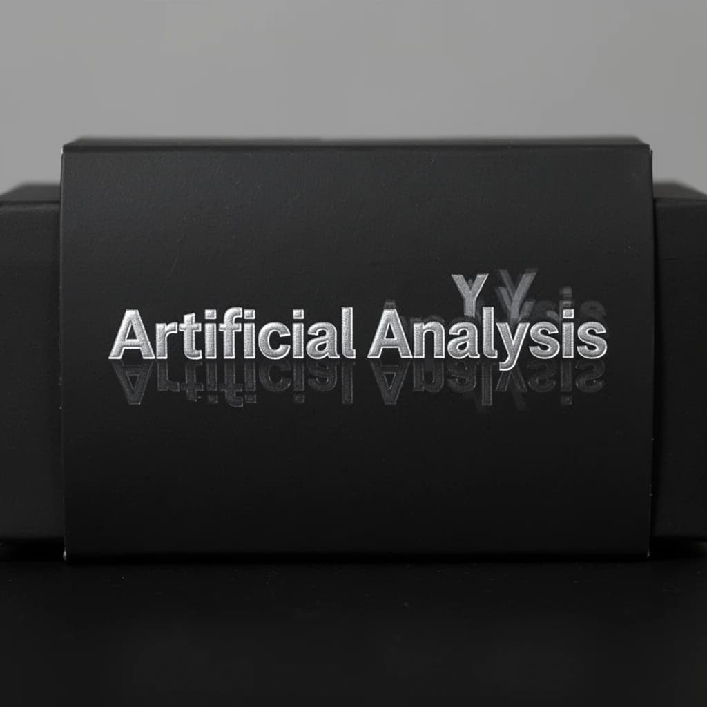 On the black box, silver foil embossing, centered: "Artificial Analysis" in Comic Sans Small Caps, perfectly justified. The letters are crisp, but the “Y” is duplicated faintly, ghosting right. On the box’s reflection, the word order is inverted: ARTIFICIAL ANALYSIS.