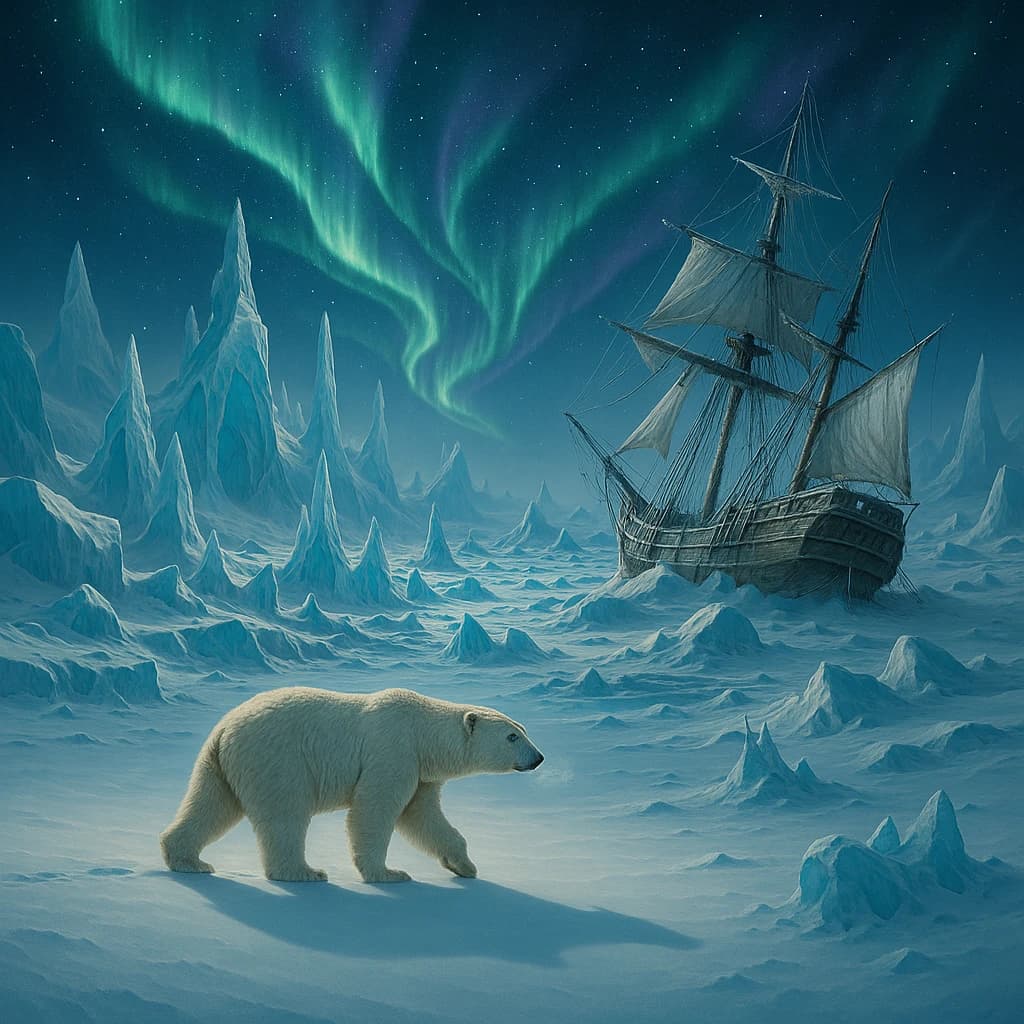 An endless tundra stretches outward, littered with jagged icebergs shaped like cathedral spires. A polar bear trudges across the foreground but leaves no tracks. Auroras ripple overhead. A half-buried shipwreck juts from the snow — sails billowing despite the still air.