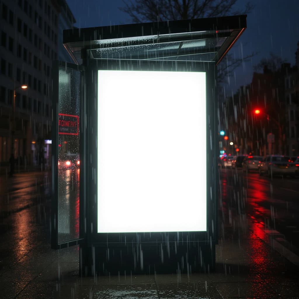 Show a billboard mockup at dusk: glass bus stop shelter, glowing lightbox, blank ad panel, city blur, raindrops, space for copy, looks premium but a bit gritty.