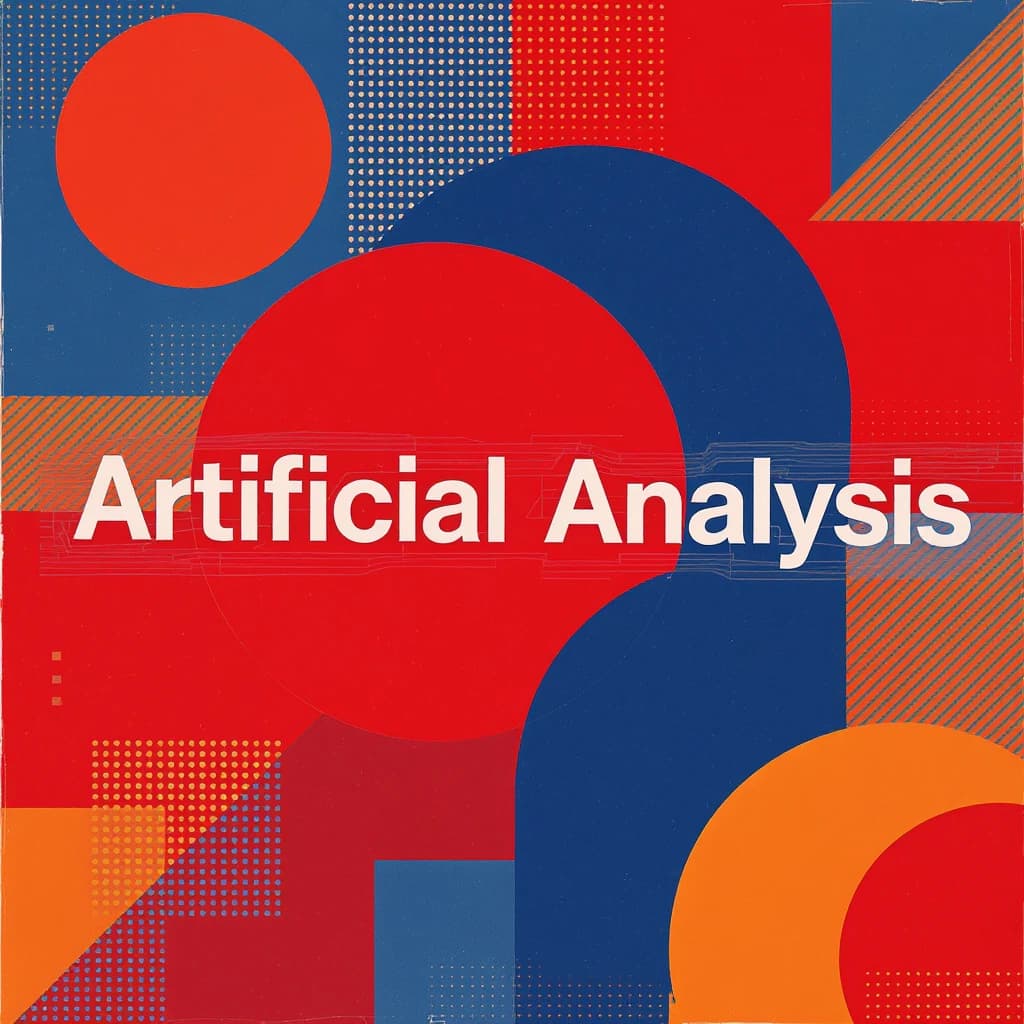 A bold poster composition dominated by flat geometric shapes in crimson, cobalt, and ochre. Overlapping circles and sharp diagonal lines create dynamic tension across the frame. A single sans-serif word — Artificial Analysis — stretches across the center in stark white, distorted slightly as though caught mid-glitch. The background is textured with halftone dots and faint grid lines, while subtle overlays of translucent rectangles suggest depth. Designed in the spirit of modernist Swiss typography fused with digital glitch aesthetics.
