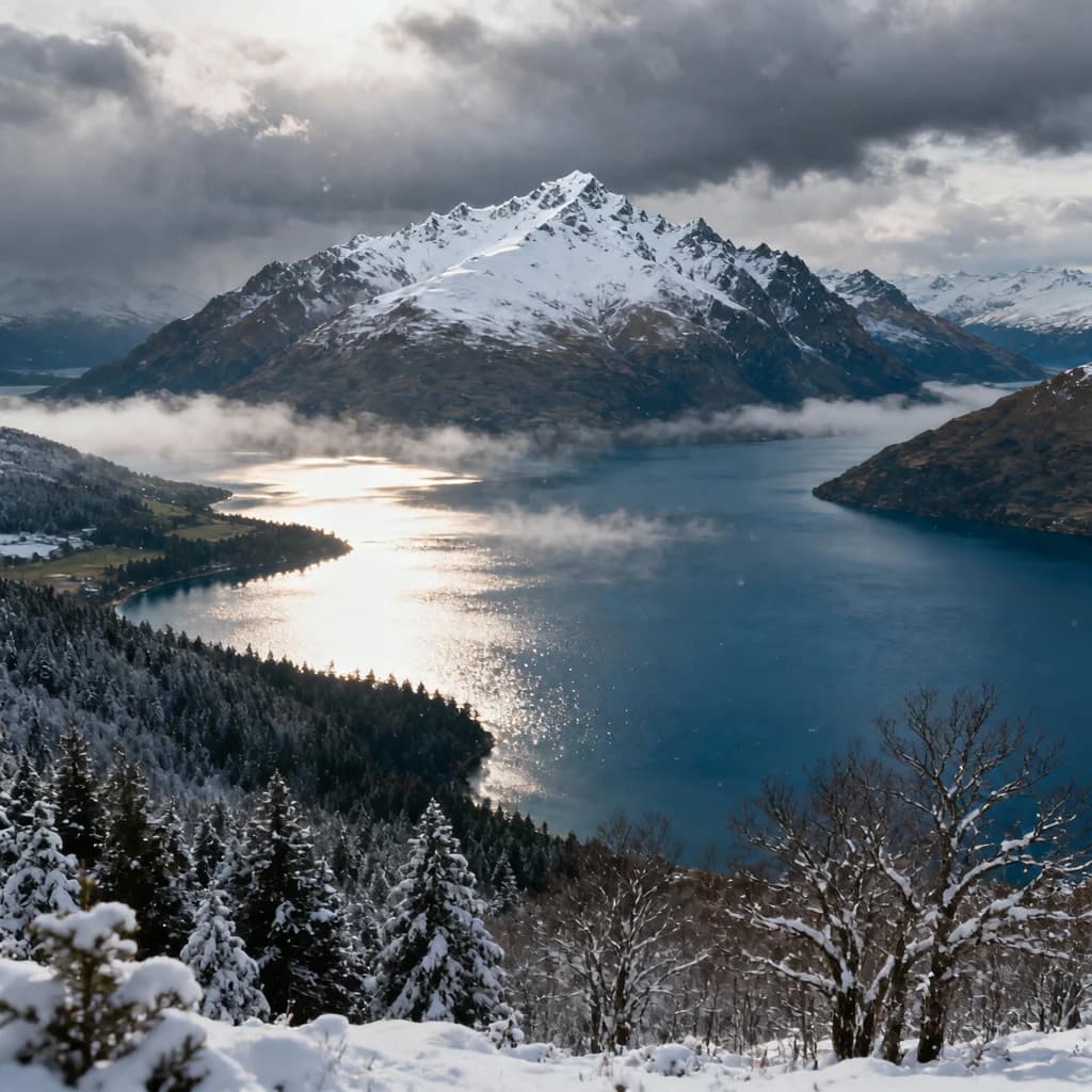 Queenstown's Lake Wakatipu, viewed from the top of Queenstown Hill after a snowstorm just dusted the top of Cecil's Peak
