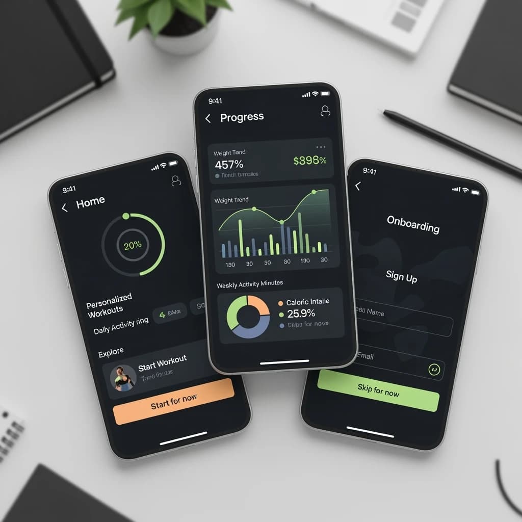 Sleek mobile fitness app screens on a desk: dark mode home, progress dashboard, simple onboarding, clear 8 pt grid, slightly oversized buttons for thumb reach, muted colors.