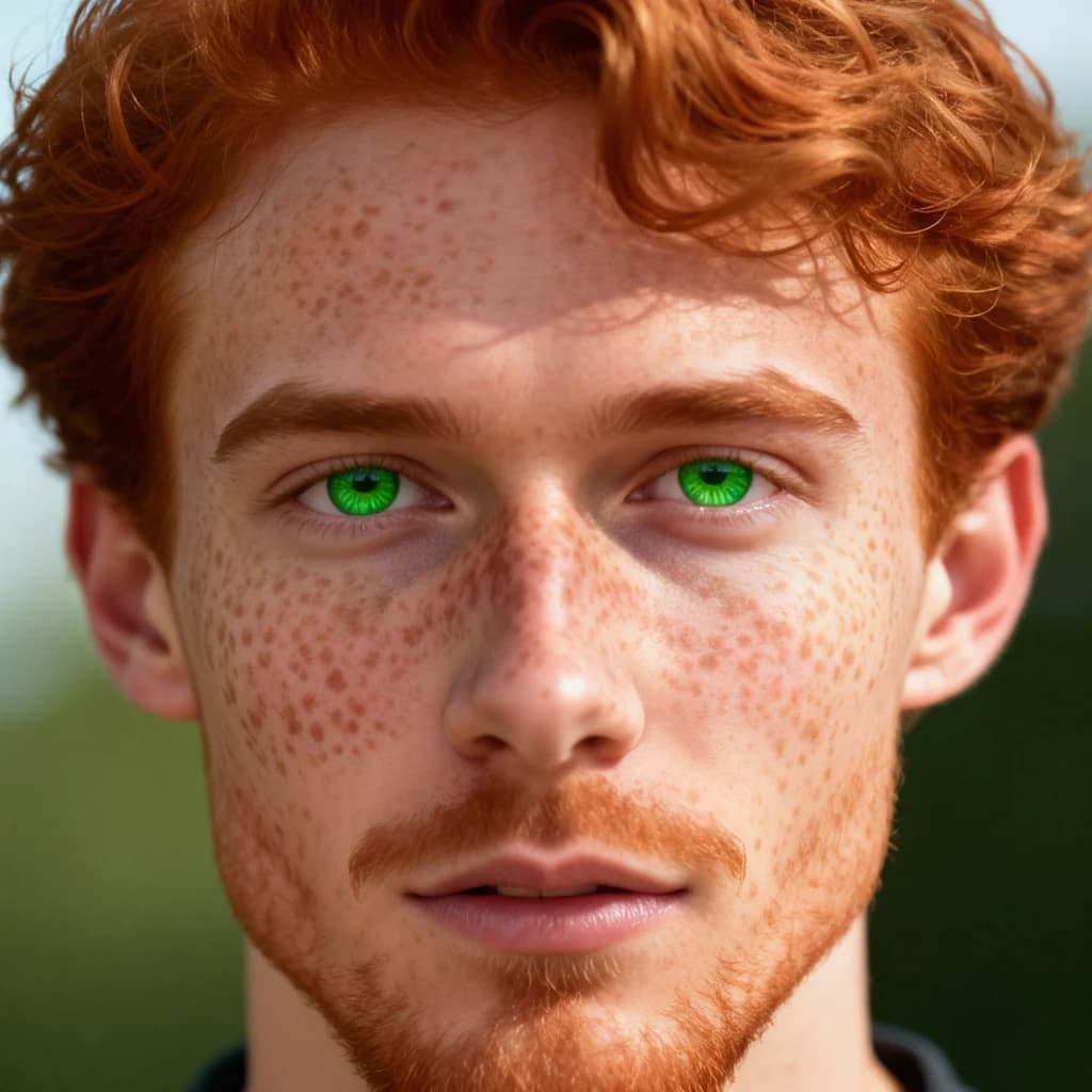 Shoot a natural light headshot of a red-haired man with freckles, green eyes.
