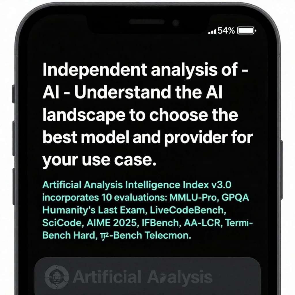 On a black smartphone UI with rounded corners, display a centered text block in white San Francisco font, 16pt: “Independent analysis of AI - Understand the AI landscape to choose the best model and provider for your use case.” Below, in neon cyan, monospace font, smaller size: “Artificial Analysis Intelligence Index v3.0 incorporates 10 evaluations: MMLU-Pro, GPQA Diamond, Humanity's Last Exam, LiveCodeBench, SciCode, AIME 2025, IFBench, AA-LCR, Terminal-Bench Hard, 𝜏²-Bench Telecom.” The second block scrolls horizontally as a ticker. The battery icon in the status bar shows 54%. The Artificial Analysis logo appears faintly, embossed into the bottom navigation bar.