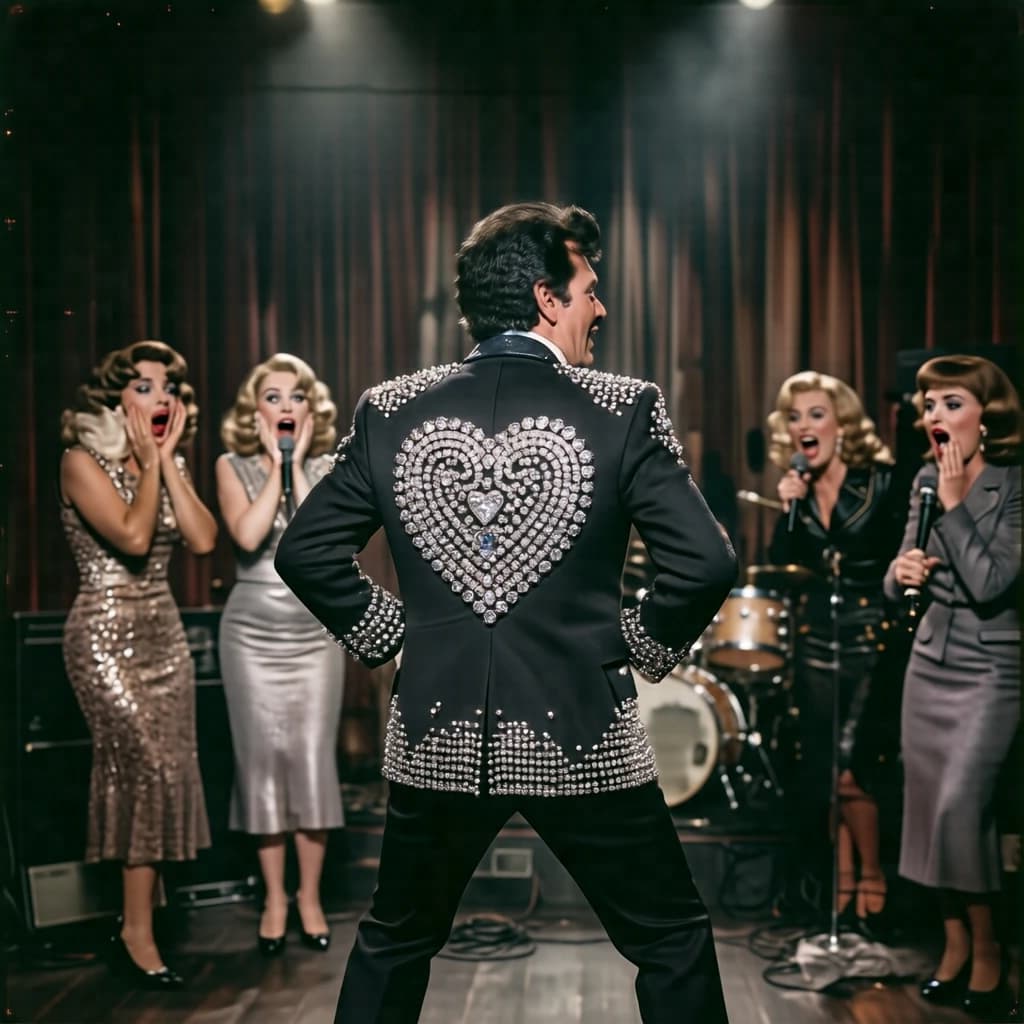 An archival image from 1953 of the rock singer swinging his hips on the stage while glamorous back up singers feign shock at his gyrations! He wears a diamond encrusted jacket with the stones arranged in the shape of a heart