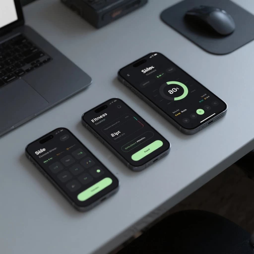 Sleek mobile fitness app screens on a desk: dark mode home, progress dashboard, simple onboarding, clear 8 pt grid, slightly oversized buttons for thumb reach, muted colors.