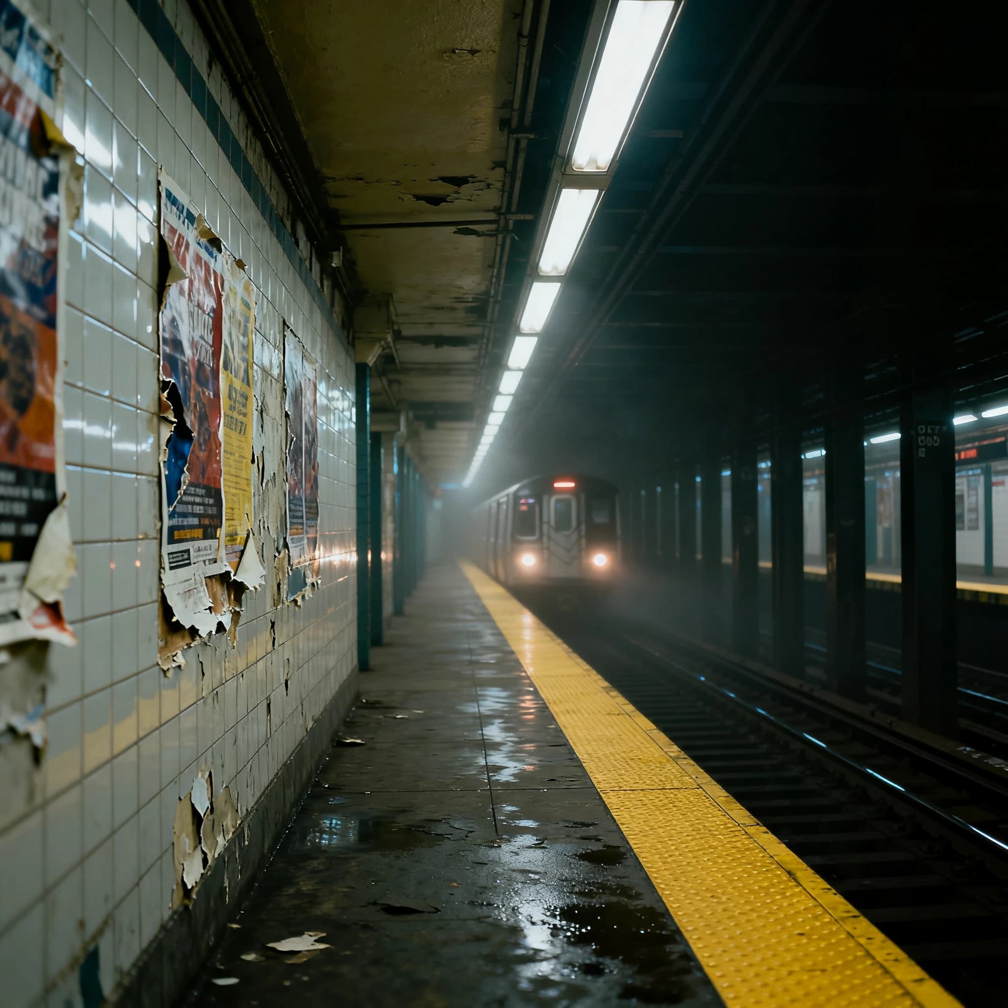 A subterranean subway platform with glossy tiles, peeling posters, flickering fluorescent lights, yellow safety line, and a distant train coming; slightly damp, echoes carry.