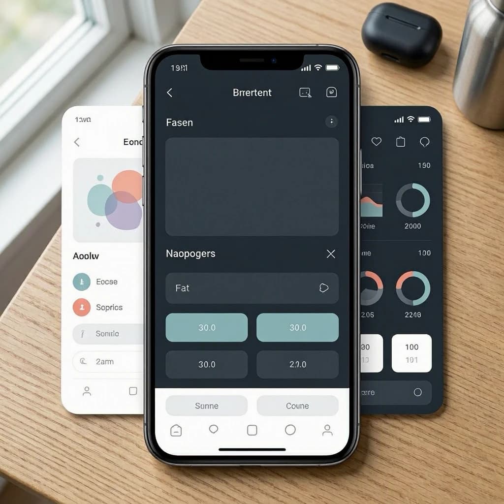 Sleek mobile fitness app screens on a desk: dark mode home, progress dashboard, simple onboarding, clear 8 pt grid, slightly oversized buttons for thumb reach, muted colors.