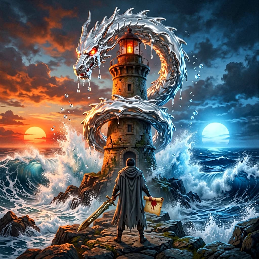 A dragon of molten silver coils around a lighthouse. The storming sea below crashes upward in frozen stillness, as though caught mid-motion. The dragon’s molten eyes drip tears of ice. On the horizon, two suns set next to each other, casting orange light on one side of the tower and blue on the other. A cloaked traveler carries an ancient weapon in his left hand and a scroll in his right.