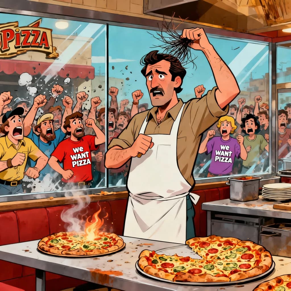 Pasquale is pulling his few remaining hairs out over a disaster at the pizzeria - the cooks are working as fast as they can but the crowds outside are swelling and they demand hot hot pizza! They are banging on the glass and some are wearing "we want pizza" shirts. 1980s western TV animation style.