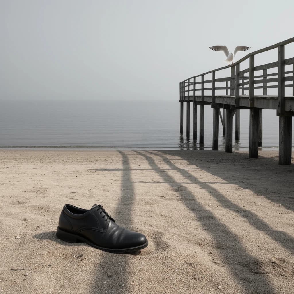 The beach is flat, sand beige, granular, no shells, except for a single left shoe, black leather, size eleven, half buried at an angle. The pier extends straight into the water, wood untreated, grain visible, though the support posts vanish before they touch the surface. The sky is uniformly gray, no clouds, yet shadows stretch at sharp diagonals. A single gull sits on the railing, wings outstretched, frozen mid-flap, no movement.