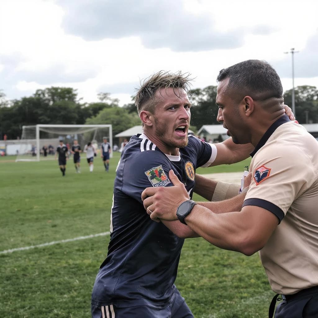 The soccer player clashes with the ref. It is thick and humid and the heat is getting to the players. His friend tries to pull him off before he causes any more trouble.