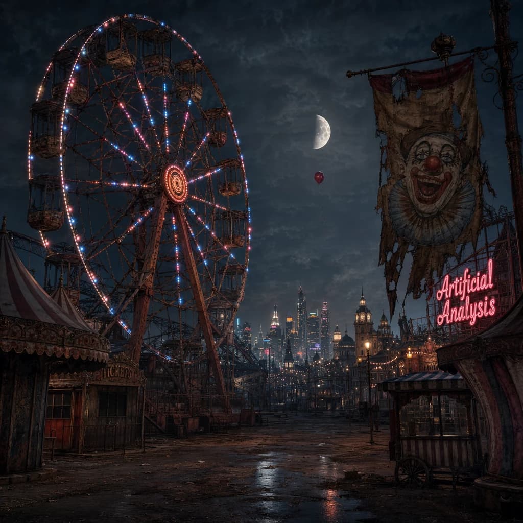 A deserted amusement park glows faintly under a half-moon. The ferris wheel is rusting yet strung with fresh, blinking LED lights. A torn clown banner flaps in a windless air. A lone balloon floats upward, tethered to nothing, while in the far distance city lights flicker on - some neon, some gas lamps as though from another century. 'Artificial Analysis' glows in neon