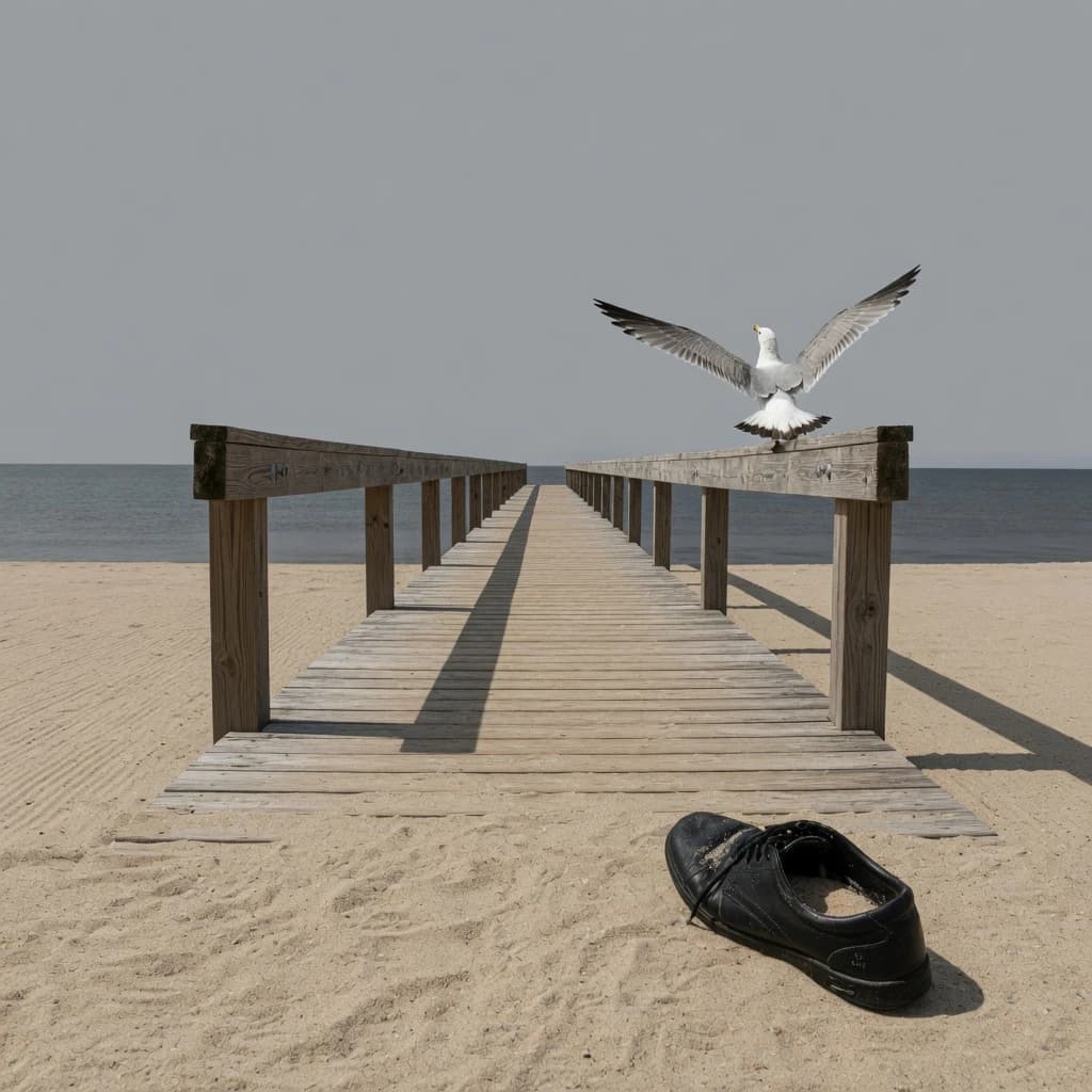 The beach is flat, sand beige, granular, no shells, except for a single left shoe, black leather, size eleven, half buried at an angle. The pier extends straight into the water, wood untreated, grain visible, though the support posts vanish before they touch the surface. The sky is uniformly gray, no clouds, yet shadows stretch at sharp diagonals. A single gull sits on the railing, wings outstretched, frozen mid-flap, no movement.