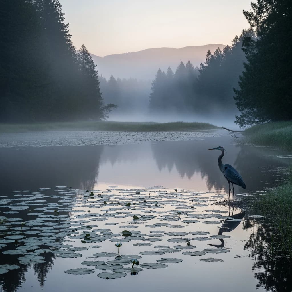 With pre-dawn mist along a cedar forest river and glassy water dotted with lily pads, distant mountains blush pink, and a heron stands still like it forgot what to do next.