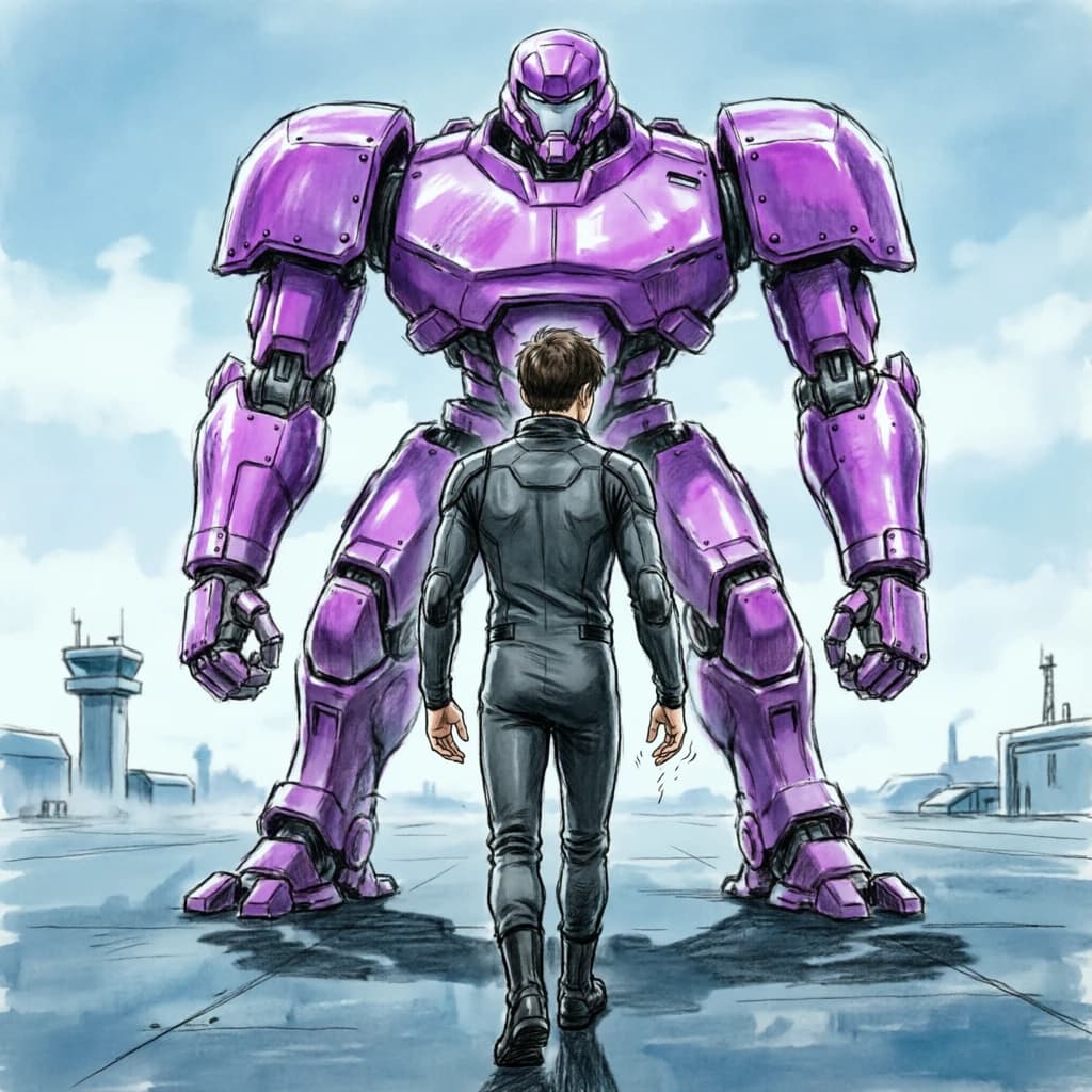 Clad in his body suit up to the neck, young Masa nervously approaches the towering mech with his back facing us. He is nervous for his first time in the field. The mech's bright purple colour scheme contrasts with the grey body suit. The scale of the mech dwarfs Masa. Hand drawn style