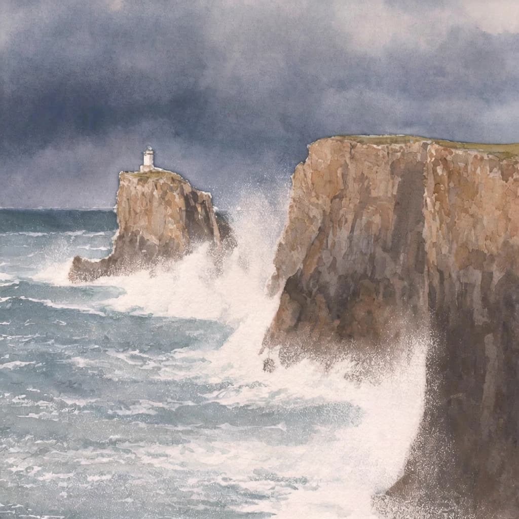 Please paint a watercolor of stormy cliffs and a lighthouse, moody sky.
