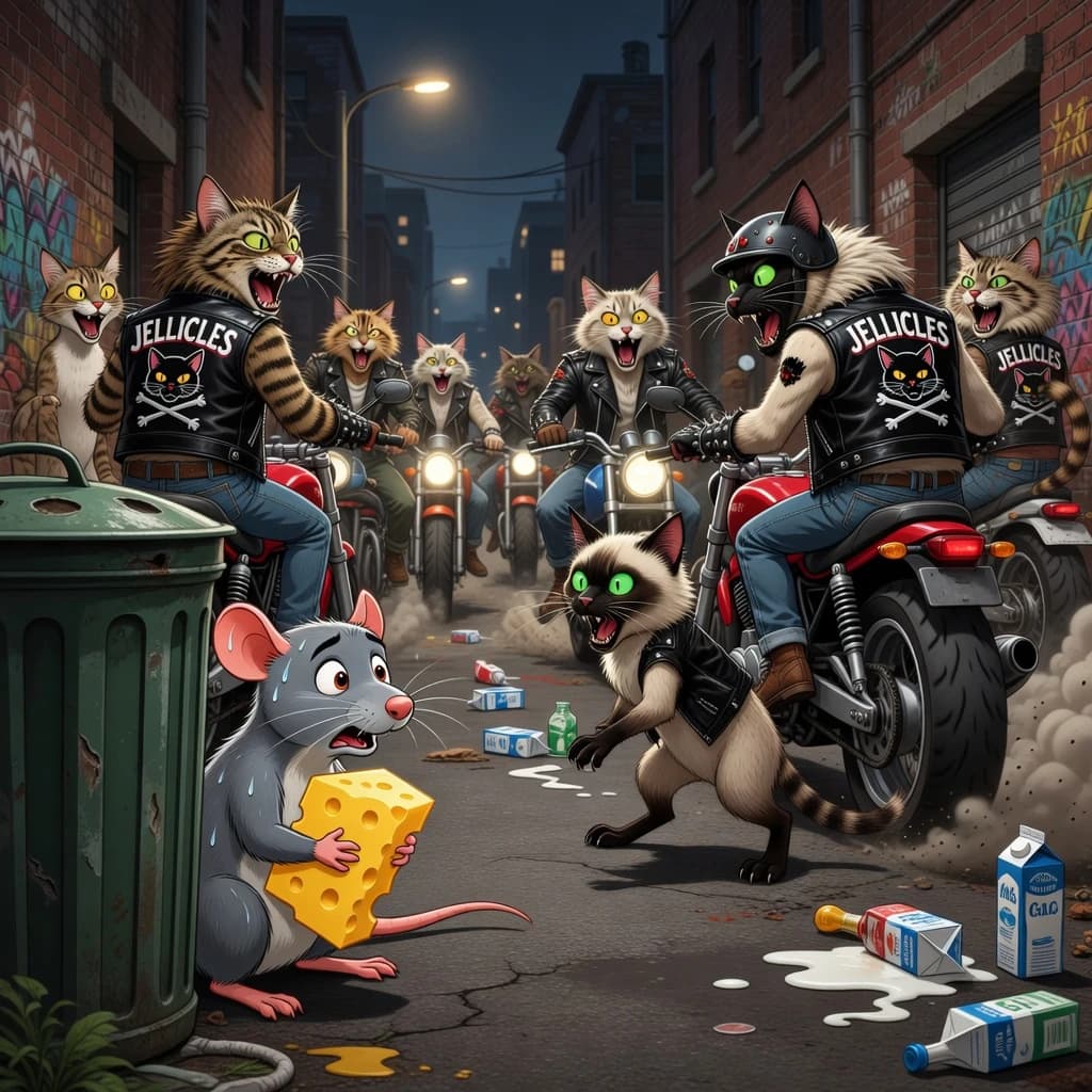 The cartoon rat clenches his thin wedge of cheese and trembles in fear as he hides from the menacing Jellicles, the roaming cat motorcycle gang, all wearing their colors with the name on the back. The cats have all drunk far too much milk and are causing a big ruckus! One cat is close to finding the rat