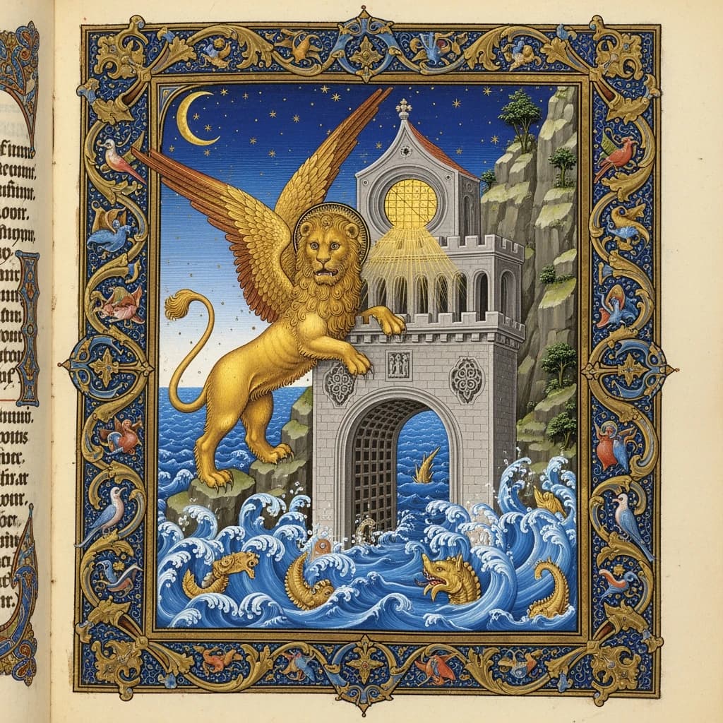 Paint an illuminated manuscript scene of a winged lion guarding a sea gate.