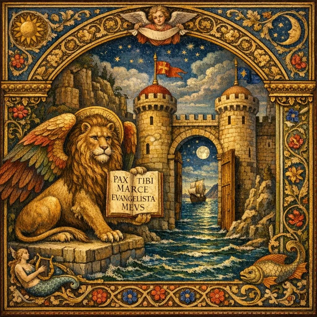 Paint an illuminated manuscript scene of a winged lion guarding a sea gate.