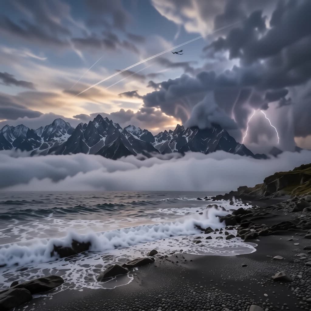 A stunning mountain vista pokes through the cloud top. Contrails from a distant airplane linger in the air. In the foreground there is a stony beach with foamy seas. A thunder storm is visibile in the distant right.