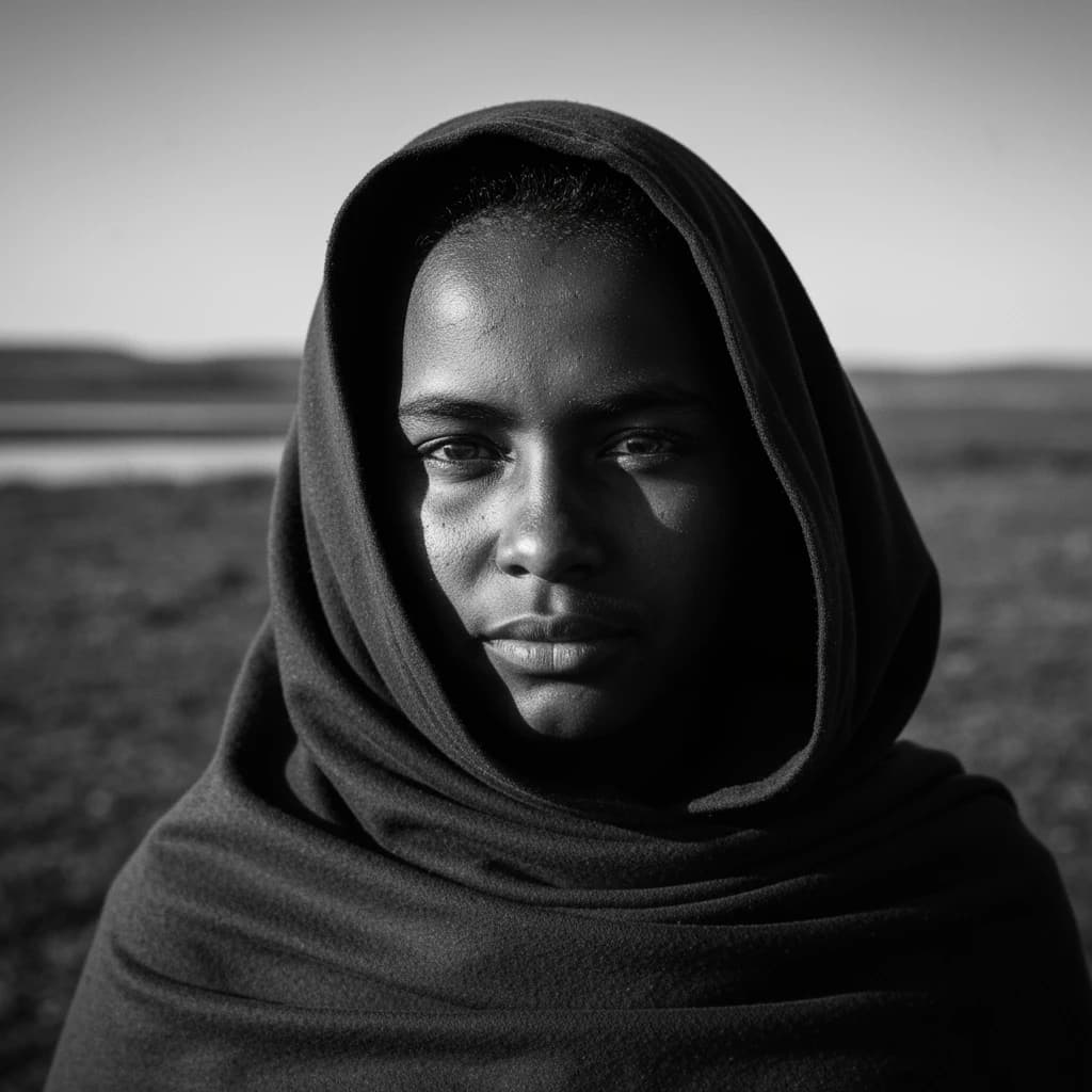 A dramatic black-and-white portrait of a young person draped in a hooded garment, their face framed by the hood's dark folds. Their skin tone and the subtle sheen on their cheeks create striking tonal contrast against the deep shadows. Their eyes are piercing, looking directly into the lens with a calm, steady intensity—neither confrontational nor submissive, but deeply present. The texture of the fabric is visible: it's dense, slightly weathered, and whisper-thin creases catch the light. In the background, an expansive, out-of-focus landscape suggests open space—perhaps distant plains or water—though the details remain soft and abstract. The overall mood is silent yet powerful, poised between vulnerability and resilience, with every highlight and shadow telling part of their story.