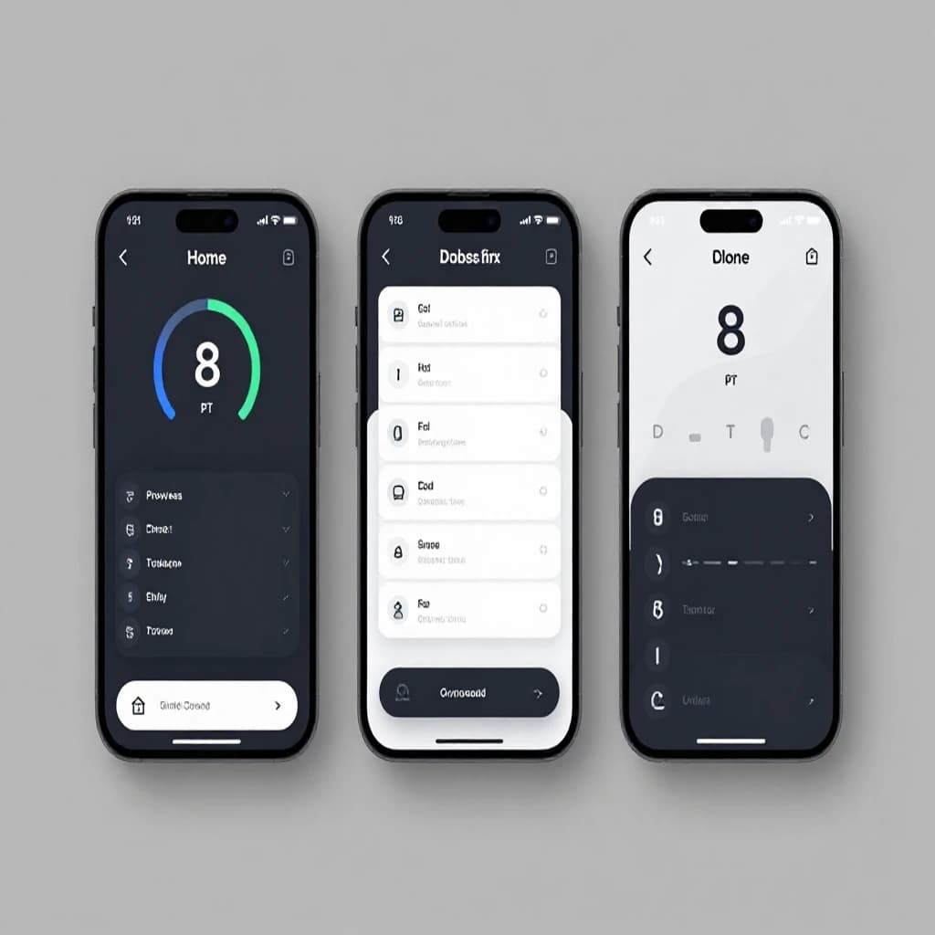 Sleek mobile fitness app screens on a desk: dark mode home, progress dashboard, simple onboarding, clear 8 pt grid, slightly oversized buttons for thumb reach, muted colors.