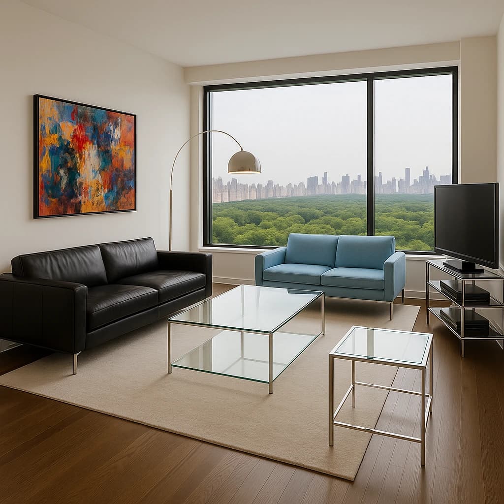 My apartment overlooks Central Park. It’s very luxurious, very expensive, and the furniture is minimal — a black leather couch, a glass coffee table with chrome legs, an Arne Jacobsen floor lamp. A big-screen television set rests on a steel shelving unit. A David Onica painting hangs above the couch. There’s a stainless steel and glass cocktail table. A powder-blue sofa. A thirty-inch digital TV.