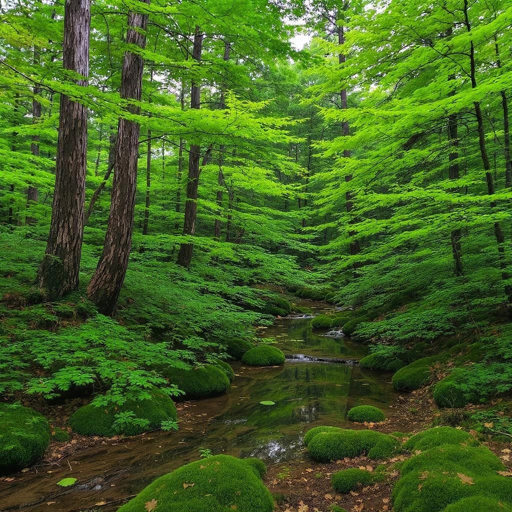 The forest is saturated green, trees identical in height and width, trunks straight, bark texture repeating. One trunk leans diagonally yet the branches remain vertical. The moss is emerald, glistening, though each patch forms identical diamond shapes. A stream runs straight, perfectly linear, water clear, reflecting clouds not visible in the sky. No animals, no insects, but one leaf floats on the water, doubled, showing two overlapping shadows.